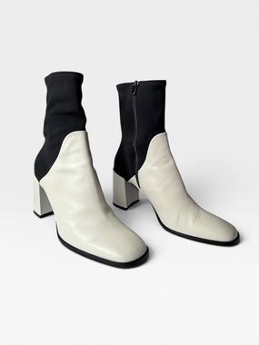 Via Spiga Devon Leather and Stretch Sock Bootie Black and White Size 9.5